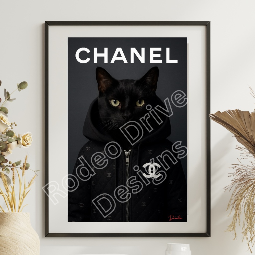 11x17 Chanel Inspired Black Cat Poster Print Fashion Wall Art Modern Home Decor